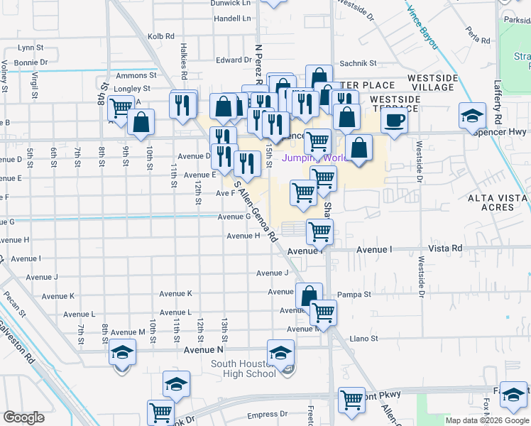 map of restaurants, bars, coffee shops, grocery stores, and more near 613 South Allen-Genoa Road in South Houston