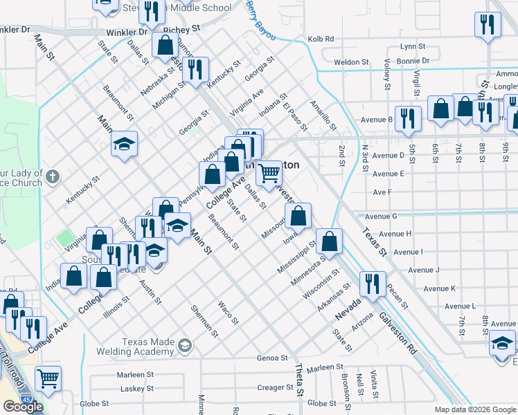 map of restaurants, bars, coffee shops, grocery stores, and more near 1508 Houston Boulevard in South Houston