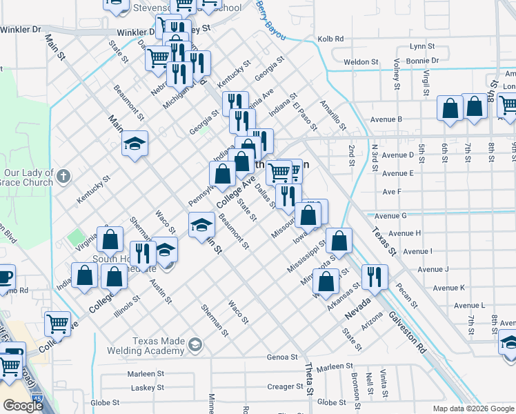 map of restaurants, bars, coffee shops, grocery stores, and more near 601 Illinois Street in South Houston