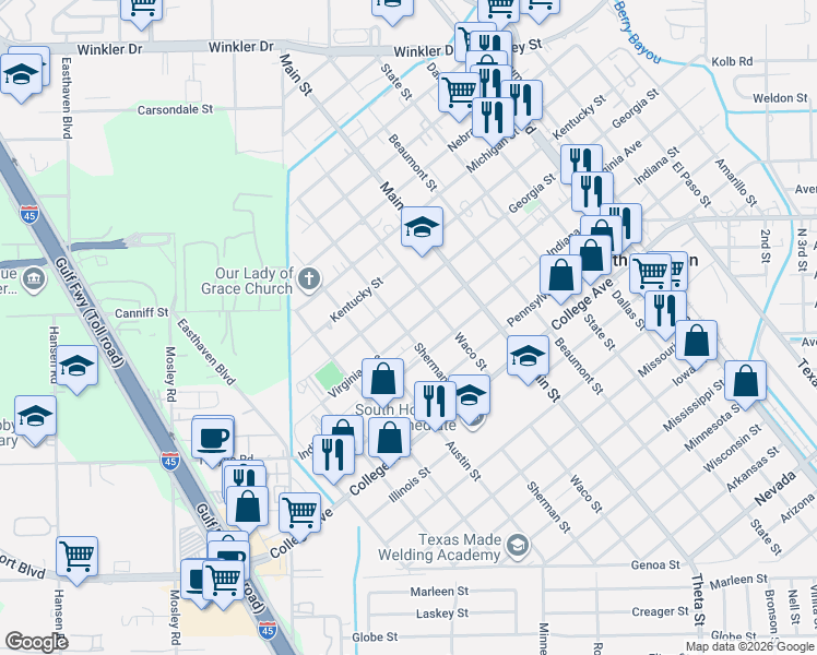 map of restaurants, bars, coffee shops, grocery stores, and more near 1005 Virginia Street in South Houston