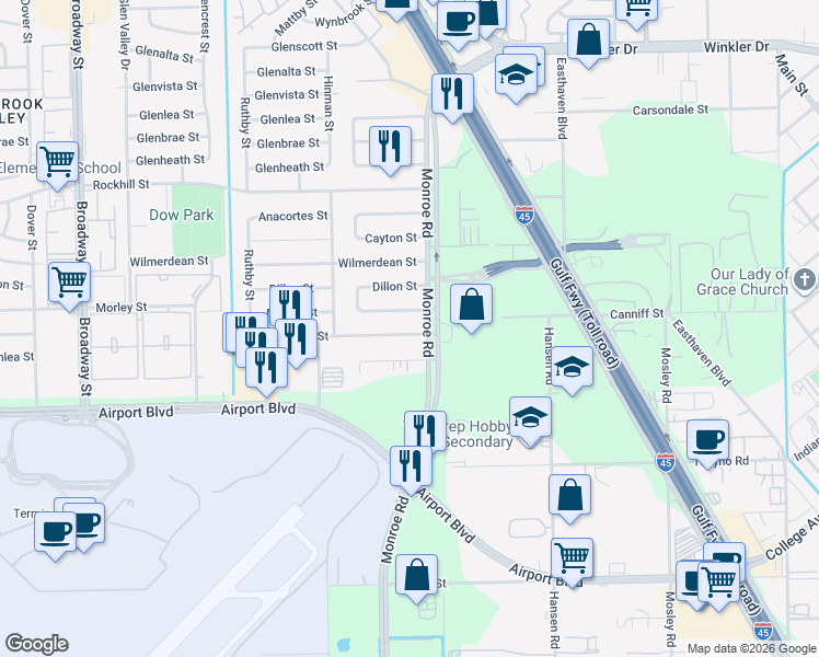 map of restaurants, bars, coffee shops, grocery stores, and more near 8634 Morley Street in Houston