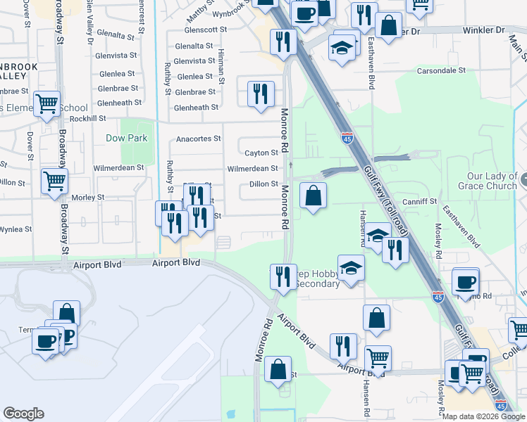 map of restaurants, bars, coffee shops, grocery stores, and more near 8602 Morley Street in Houston