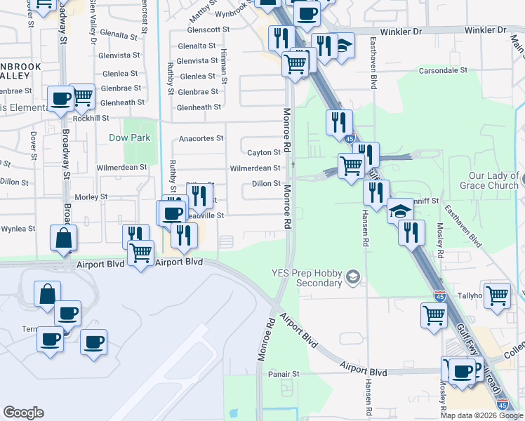 map of restaurants, bars, coffee shops, grocery stores, and more near 8602 Morley Street in Houston