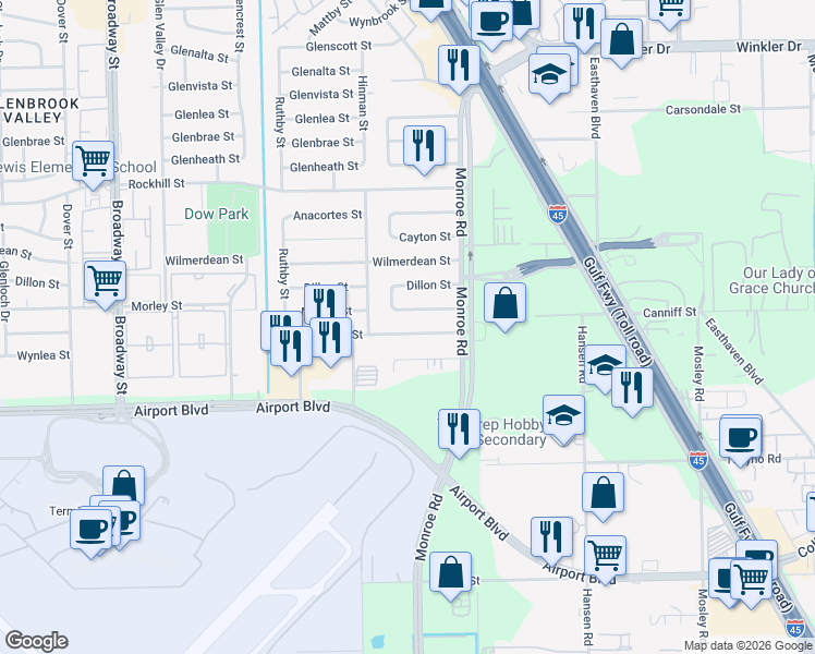 map of restaurants, bars, coffee shops, grocery stores, and more near 8602 Morley Street in Houston