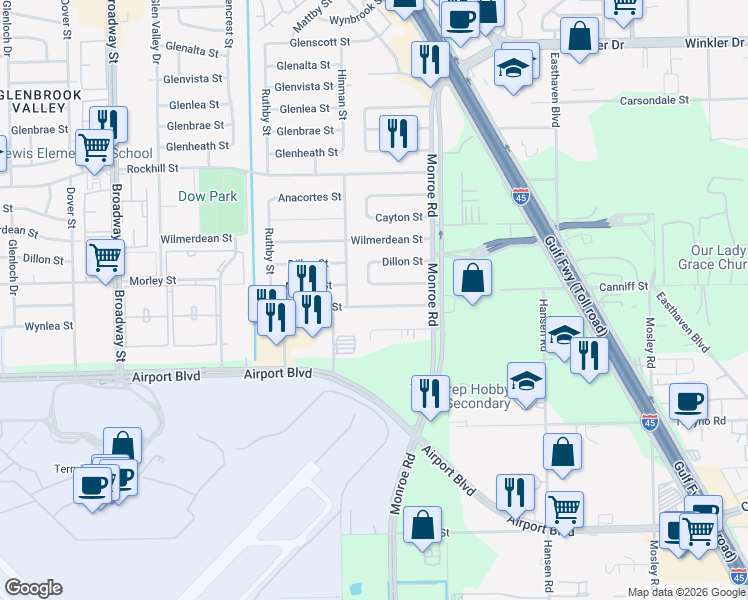 map of restaurants, bars, coffee shops, grocery stores, and more near 8725 Hinman Street in Houston