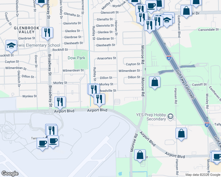 map of restaurants, bars, coffee shops, grocery stores, and more near 8302 Morley Street in Houston