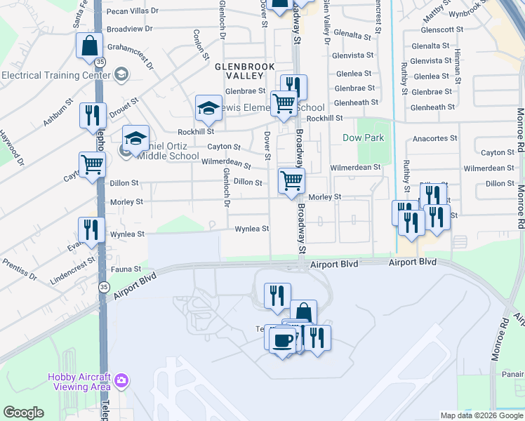 map of restaurants, bars, coffee shops, grocery stores, and more near 8807 Dover Street in Houston