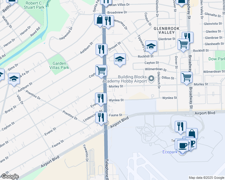 map of restaurants, bars, coffee shops, grocery stores, and more near 7531 Morley Street in Houston