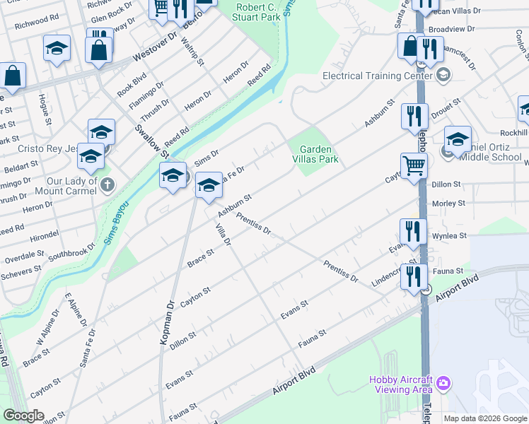 map of restaurants, bars, coffee shops, grocery stores, and more near 7327 Brace Street in Houston