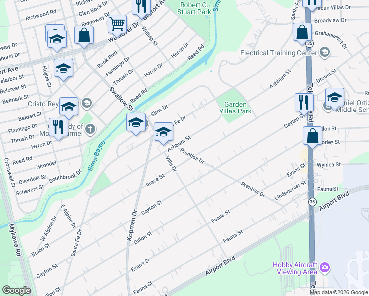 map of restaurants, bars, coffee shops, grocery stores, and more near 7220 Ashburn Street in Houston