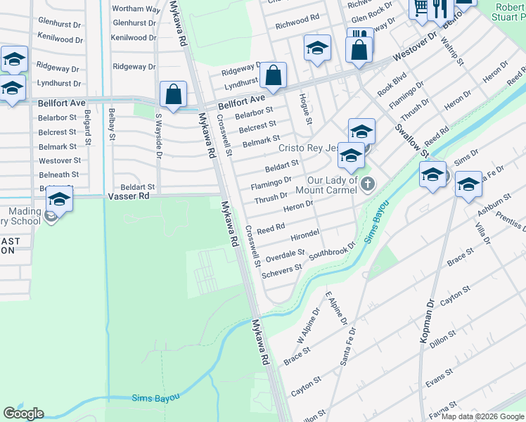 map of restaurants, bars, coffee shops, grocery stores, and more near 6302 Thrush Drive in Houston