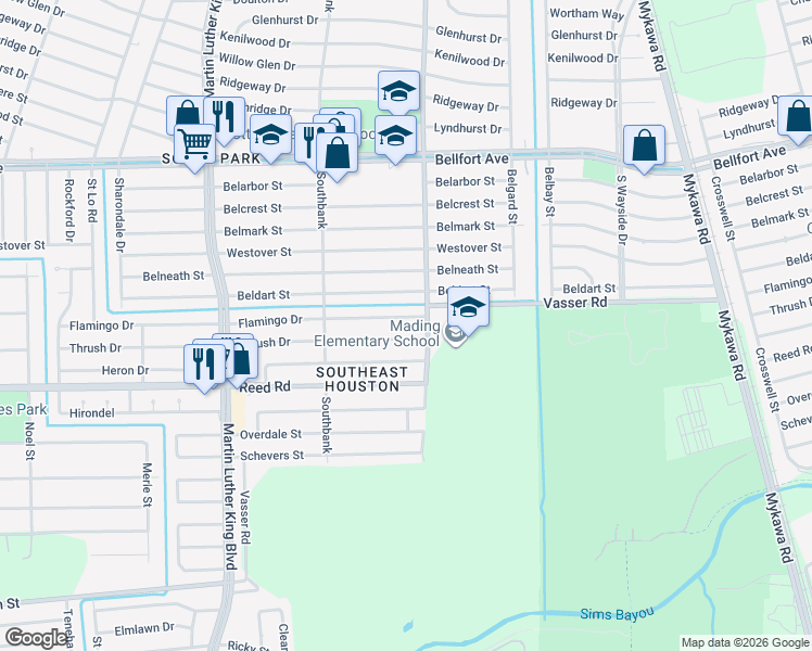 map of restaurants, bars, coffee shops, grocery stores, and more near 5859 Flamingo Drive in Houston