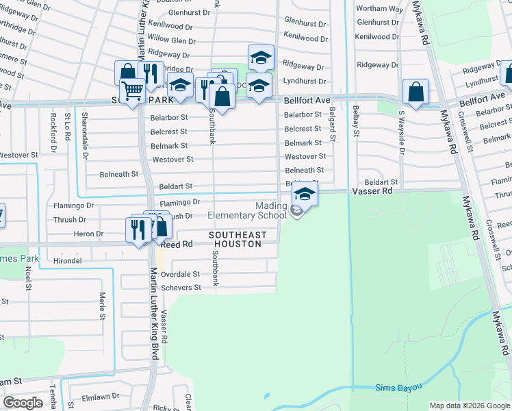 map of restaurants, bars, coffee shops, grocery stores, and more near 5859 Flamingo Drive in Houston