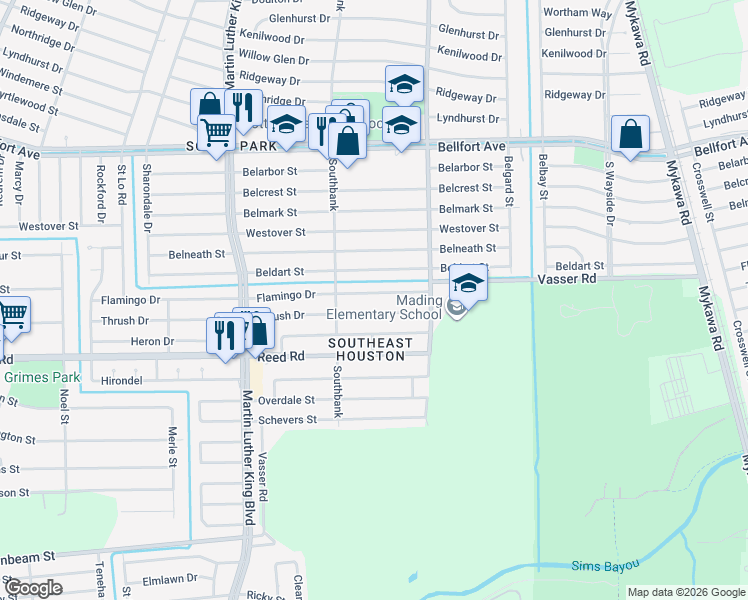 map of restaurants, bars, coffee shops, grocery stores, and more near 5831 Flamingo Drive in Houston