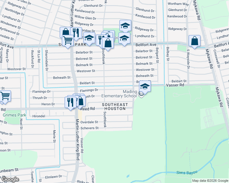 map of restaurants, bars, coffee shops, grocery stores, and more near 5831 Flamingo Drive in Houston