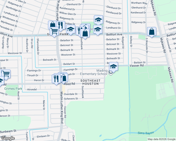 map of restaurants, bars, coffee shops, grocery stores, and more near 5831 Flamingo Drive in Houston