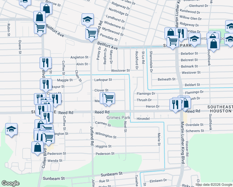 map of restaurants, bars, coffee shops, grocery stores, and more near 5124 Clover Street in Houston