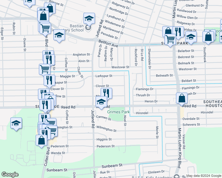 map of restaurants, bars, coffee shops, grocery stores, and more near 5124 Clover Street in Houston