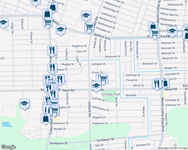 map of restaurants, bars, coffee shops, grocery stores, and more near 5102 Clover Street in Houston