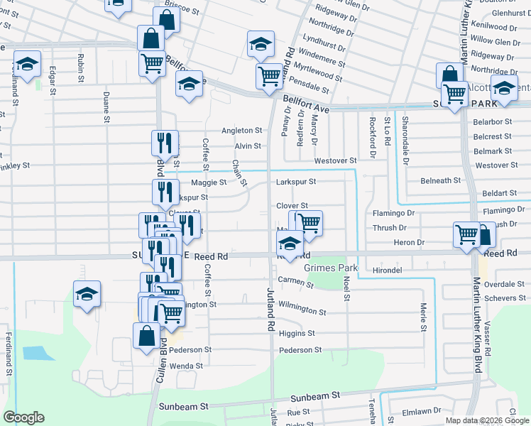 map of restaurants, bars, coffee shops, grocery stores, and more near 5002 Clover Street in Houston