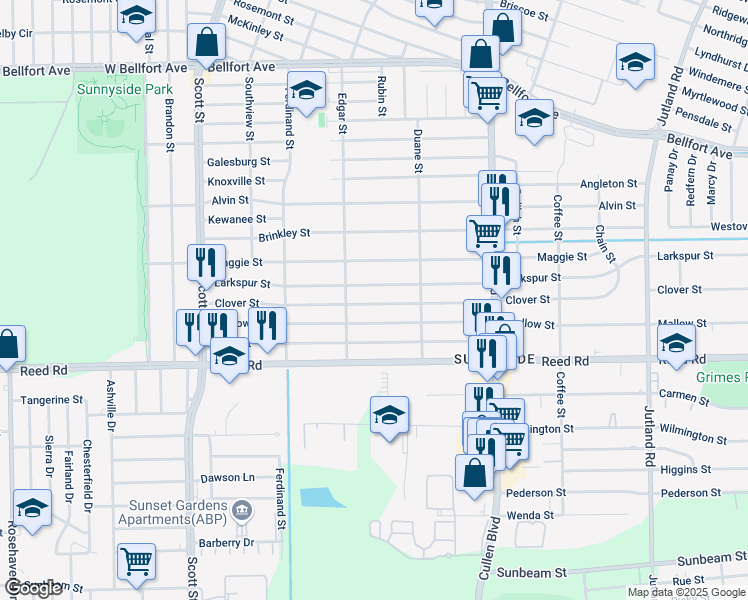 map of restaurants, bars, coffee shops, grocery stores, and more near 4418 Larkspur Street in Houston