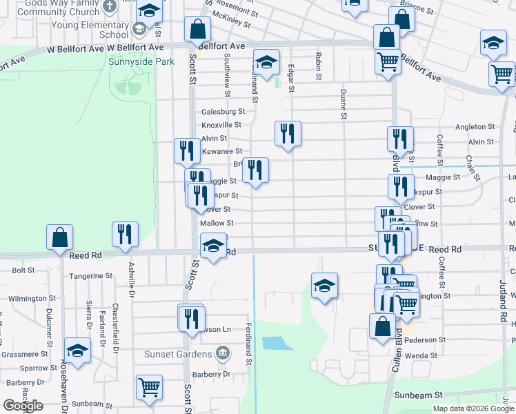 map of restaurants, bars, coffee shops, grocery stores, and more near 4310 Larkspur Street in Houston