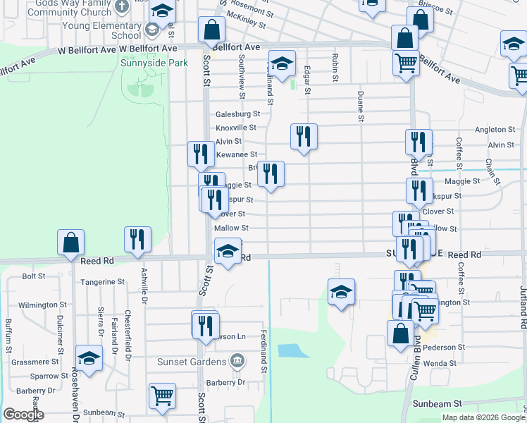 map of restaurants, bars, coffee shops, grocery stores, and more near 4310 Larkspur Street in Houston