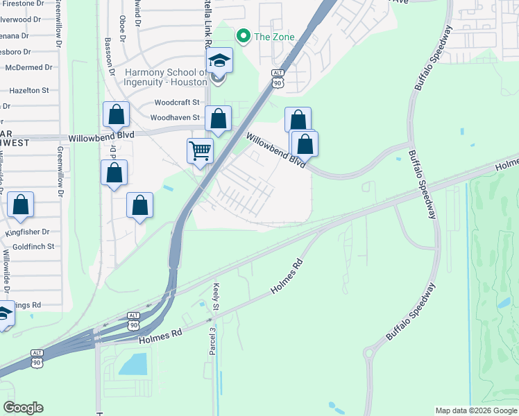 map of restaurants, bars, coffee shops, grocery stores, and more near 3605 Main Plaza Drive in Houston