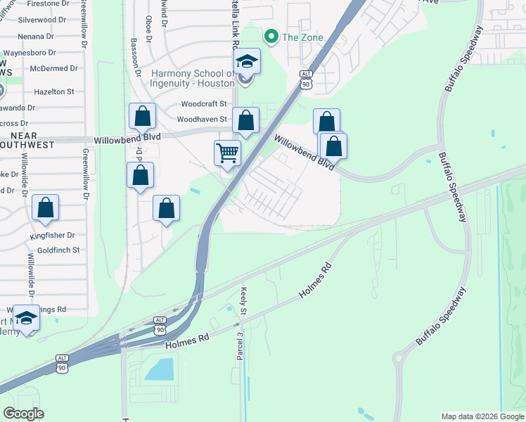 map of restaurants, bars, coffee shops, grocery stores, and more near 11603 Main Cypress Drive in Houston