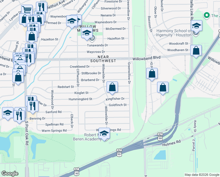 map of restaurants, bars, coffee shops, grocery stores, and more near 4406 Kinglet Street in Houston