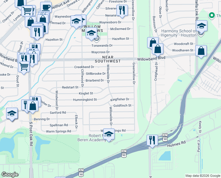 map of restaurants, bars, coffee shops, grocery stores, and more near 4430 Kinglet Street in Houston