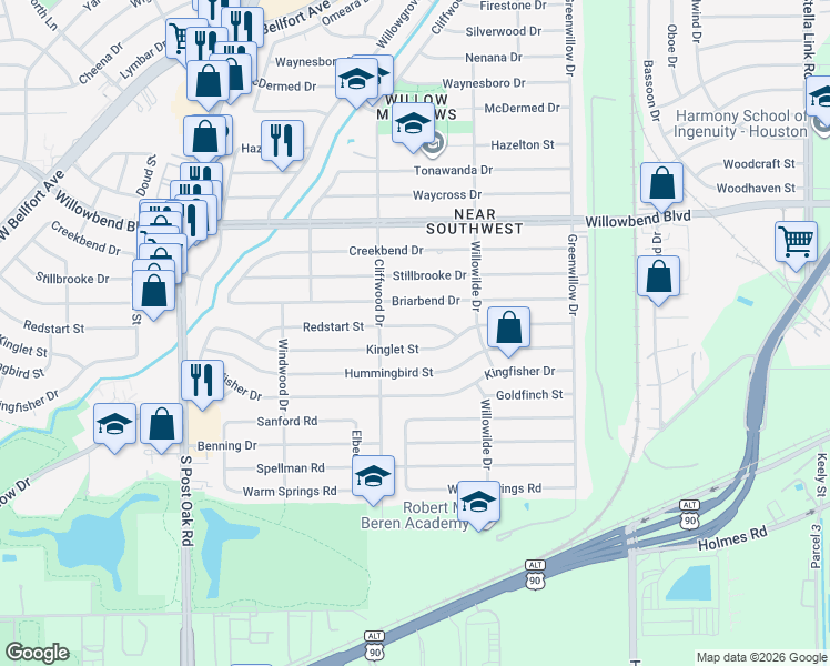 map of restaurants, bars, coffee shops, grocery stores, and more near 4622 Redstart Street in Houston