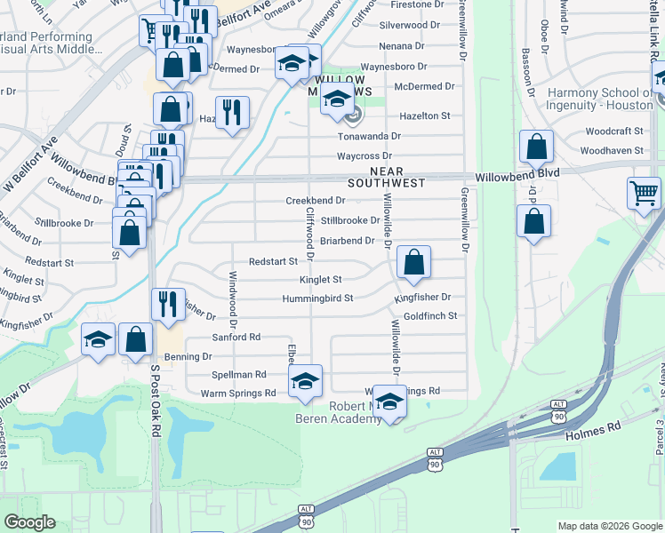 map of restaurants, bars, coffee shops, grocery stores, and more near 4622 Redstart Street in Houston