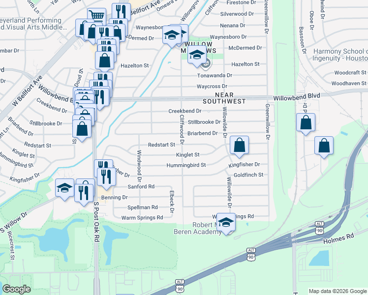 map of restaurants, bars, coffee shops, grocery stores, and more near 4622 Redstart Street in Houston