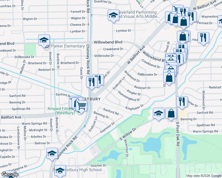 map of restaurants, bars, coffee shops, grocery stores, and more near 5247 West Bellfort Avenue in Houston