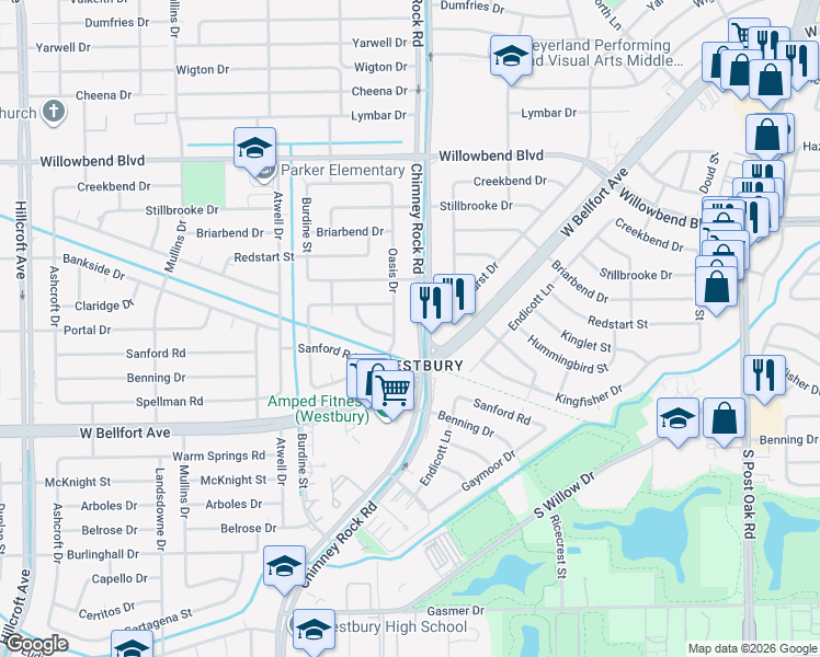 map of restaurants, bars, coffee shops, grocery stores, and more near 10930 Chimney Rock Road in Houston