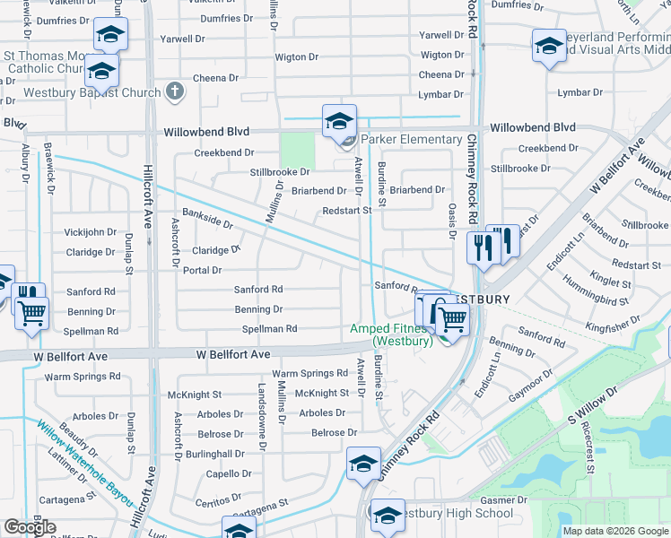 map of restaurants, bars, coffee shops, grocery stores, and more near 11003 Crestmore Street in Houston