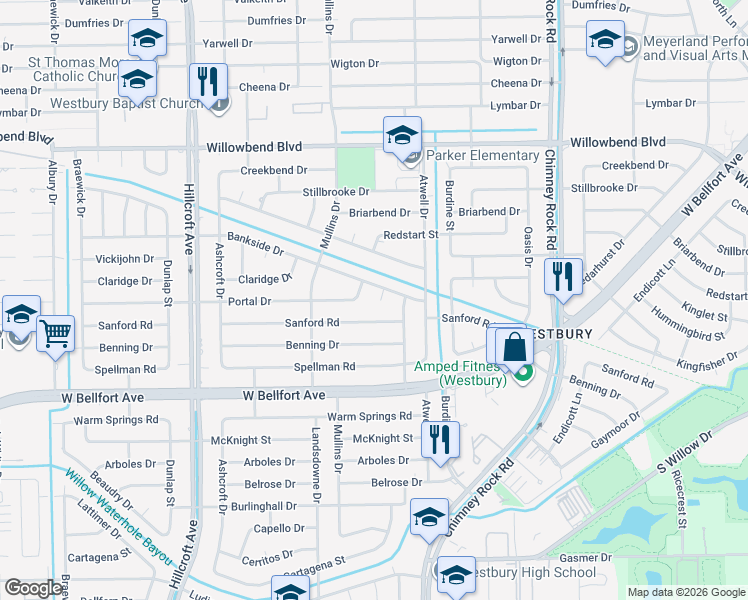 map of restaurants, bars, coffee shops, grocery stores, and more near 11003 Crestmore Street in Houston