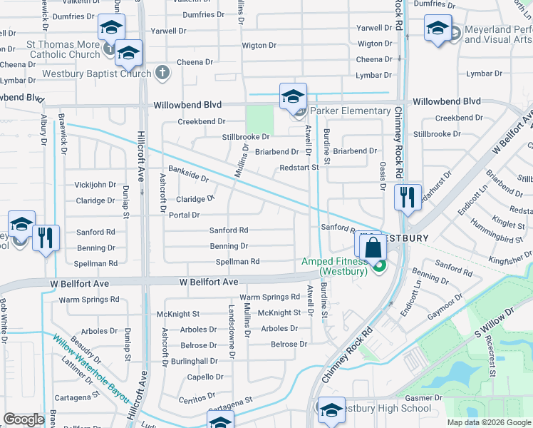 map of restaurants, bars, coffee shops, grocery stores, and more near 5622 Portal Drive in Houston