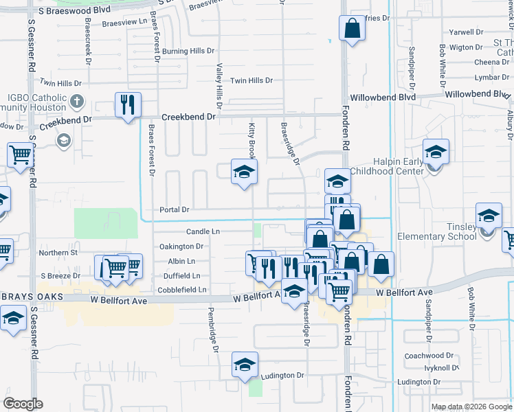 map of restaurants, bars, coffee shops, grocery stores, and more near 10931 Kitty Brook Drive in Houston