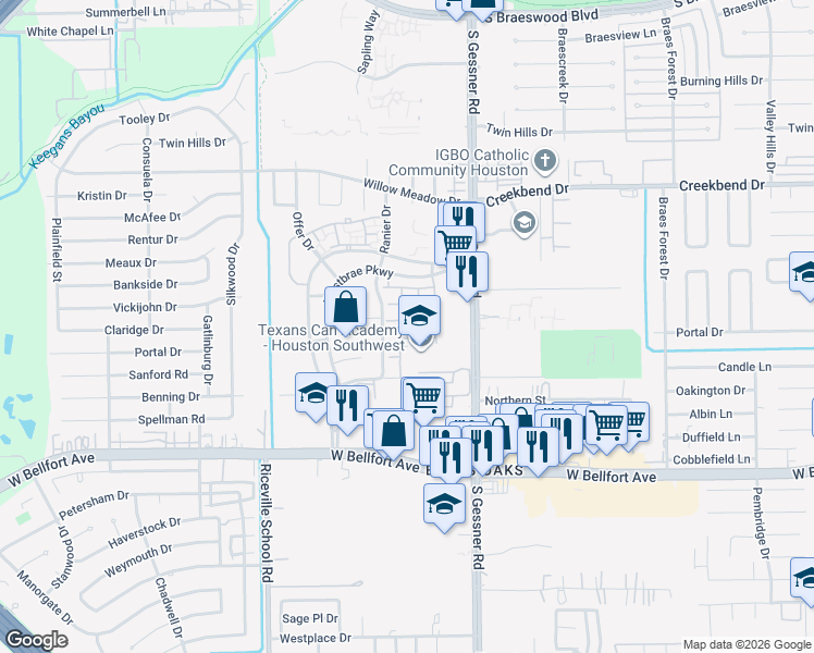 map of restaurants, bars, coffee shops, grocery stores, and more near 10930 Westbrae Meadows Drive in Houston
