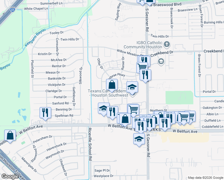 map of restaurants, bars, coffee shops, grocery stores, and more near 10922 Primrose Acres Lane in Houston