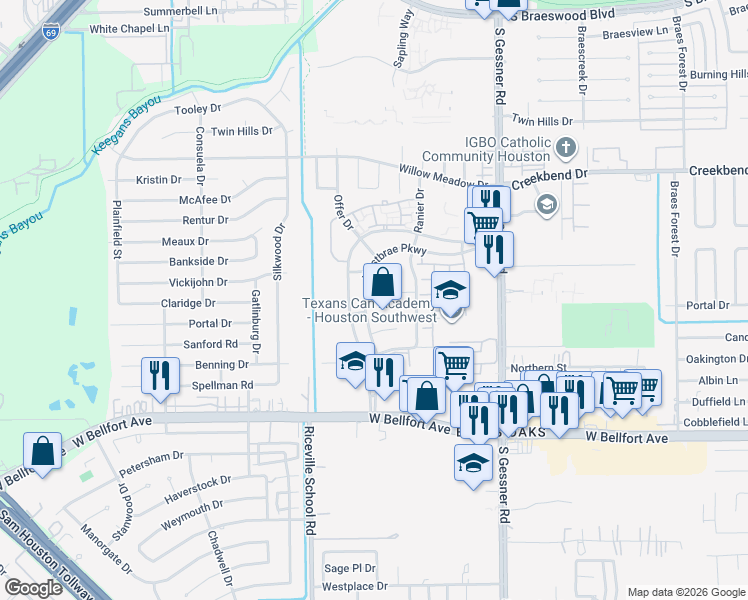 map of restaurants, bars, coffee shops, grocery stores, and more near 10922 Primrose Acres Lane in Houston