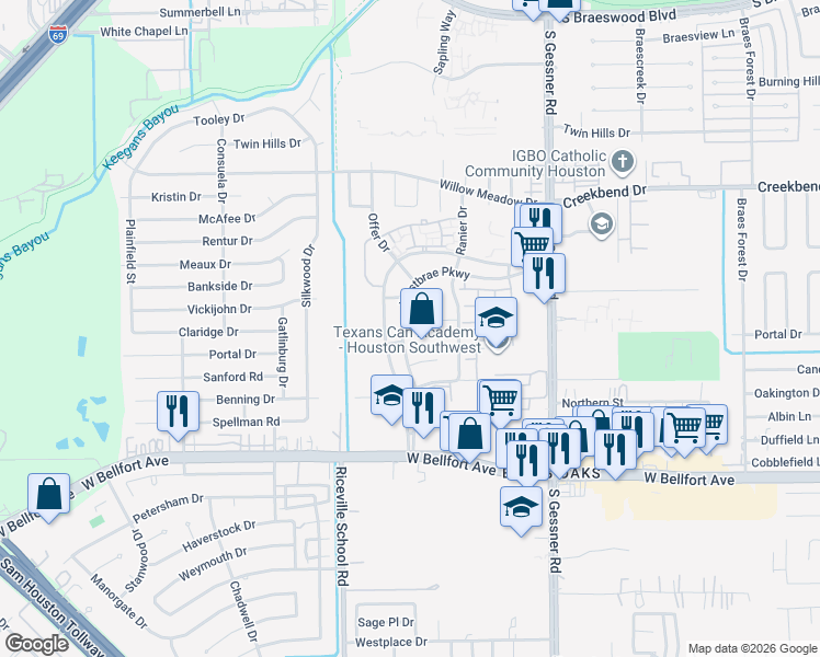 map of restaurants, bars, coffee shops, grocery stores, and more near 10922 Primrose Acres Lane in Houston