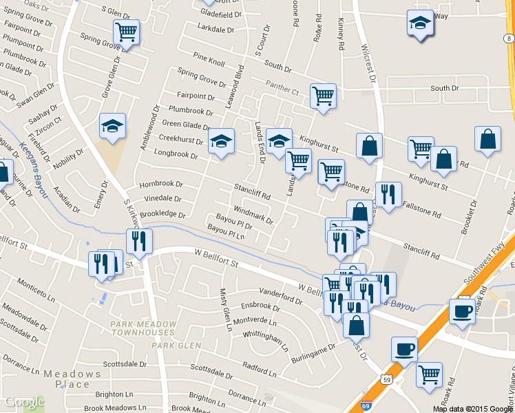 map of restaurants, bars, coffee shops, grocery stores, and more near 11211 Windmark Place in Houston