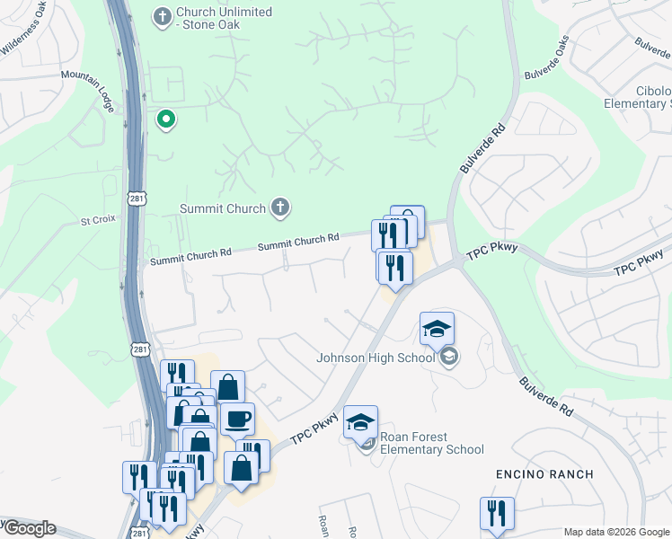 map of restaurants, bars, coffee shops, grocery stores, and more near 2922 Kingsford Lane in San Antonio