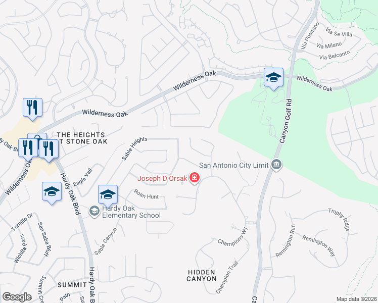 map of restaurants, bars, coffee shops, grocery stores, and more near 238 Verbena Hill in San Antonio