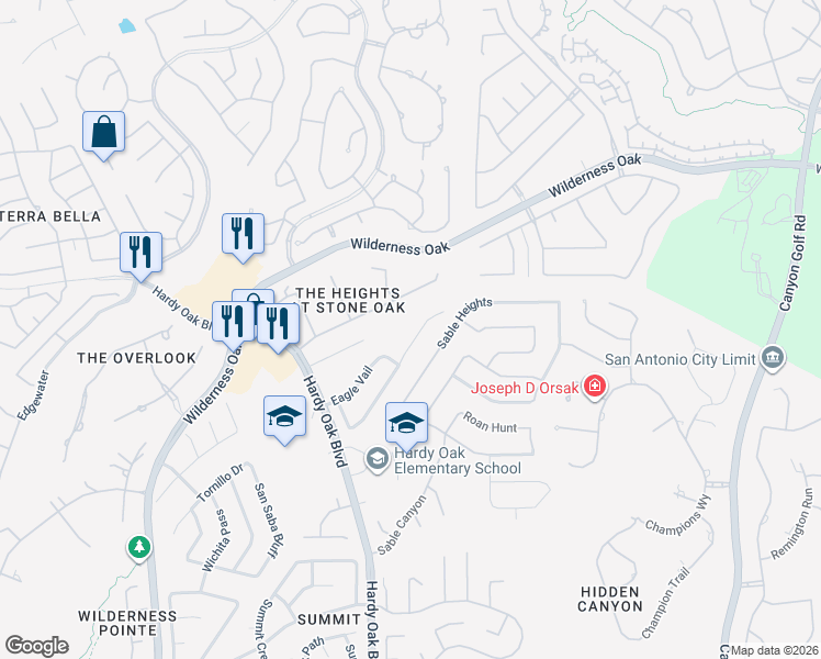 map of restaurants, bars, coffee shops, grocery stores, and more near 251 Red Hawk Ridge in San Antonio