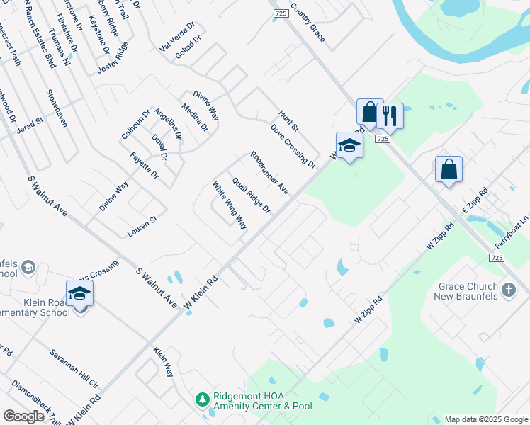 map of restaurants, bars, coffee shops, grocery stores, and more near 2447 Quail Ridge Drive in New Braunfels