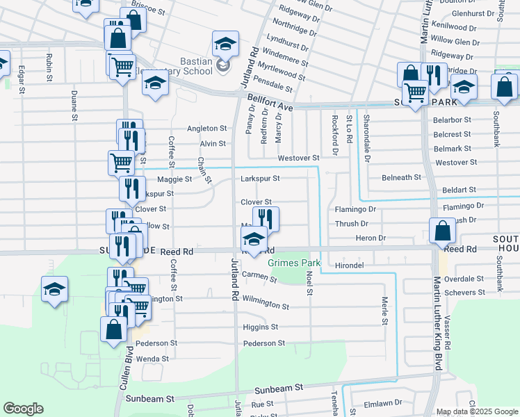 map of restaurants, bars, coffee shops, grocery stores, and more near 5102 Clover Street in Houston
